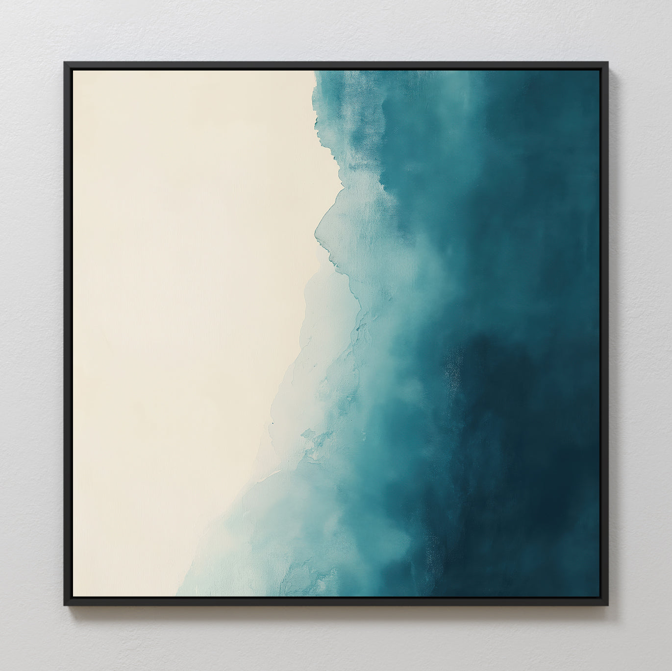 The Teal Tide Canvas Art features an abstract gradient wash, with deep teal on the right blending into cream on the left for a soft, misty modern look.