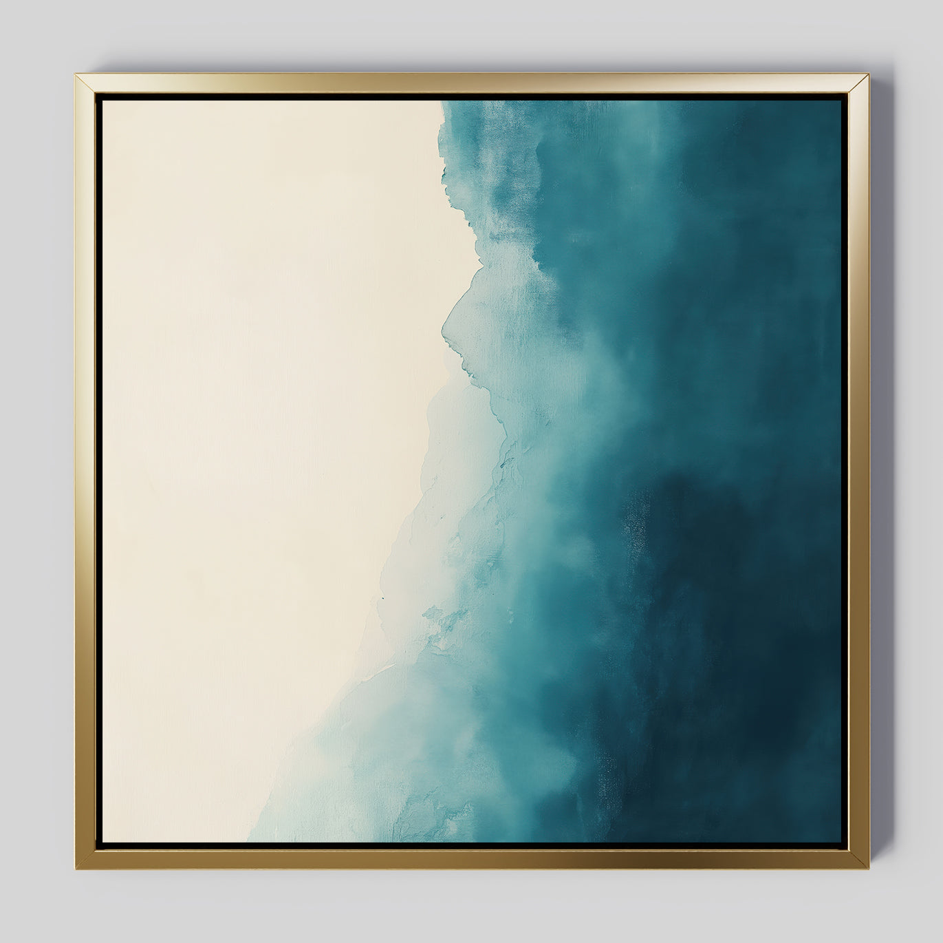 Teal Tide Canvas Art features a gold-framed abstract design with a gradient from off-white to deep teal, showcasing soft, cloudy blending and textured brushstrokes for a modern statement.