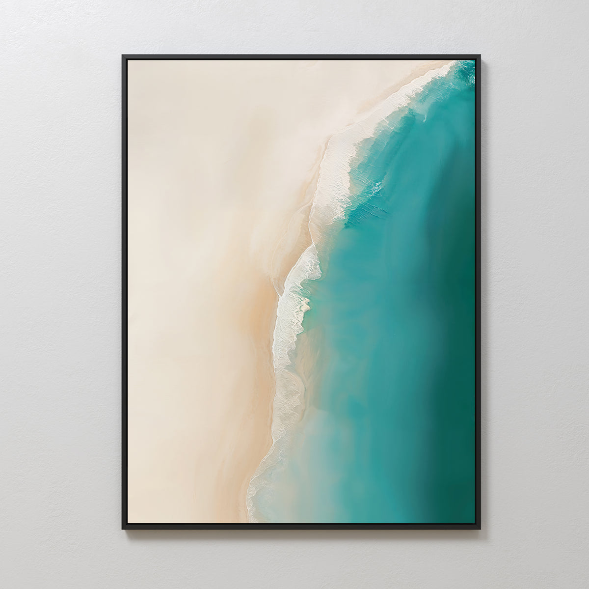 The Beach Abstract Canvas Art features turquoise ocean waves blending into a sandy beige shore, creating tranquil coastal wall decor. Ideal as minimalist wall art, it brings serene beauty to any living room.