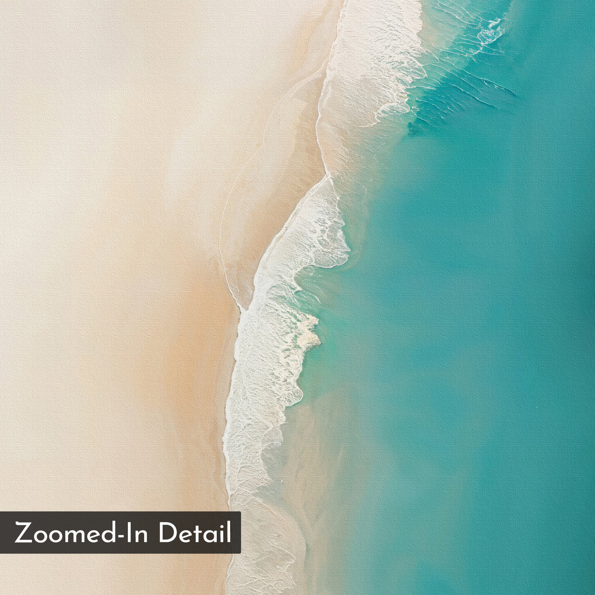 Aerial view of a sandy beach meeting turquoise waves, labeled "Zoomed-In Detail" at the corner. The Beach Abstract Canvas Art is perfect minimalist wall decor, adding a calming, serene touch to your living room.