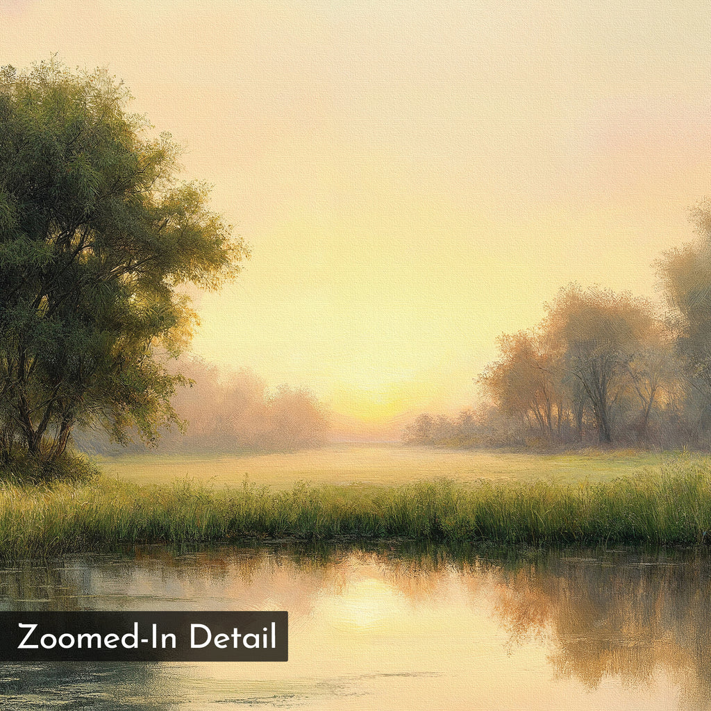 The Journey Canvas Art features a serene countryside scene of a sunlit meadow, tall trees, and soft fog at sunrise, all reflected in a calm river. "Zoomed-In Detail" appears in the lower left corner of this vintage canvas print.