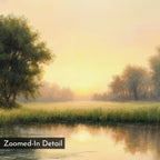 The Journey Canvas Art features a serene countryside scene of a sunlit meadow, tall trees, and soft fog at sunrise, all reflected in a calm river. "Zoomed-In Detail" appears in the lower left corner of this vintage canvas print.