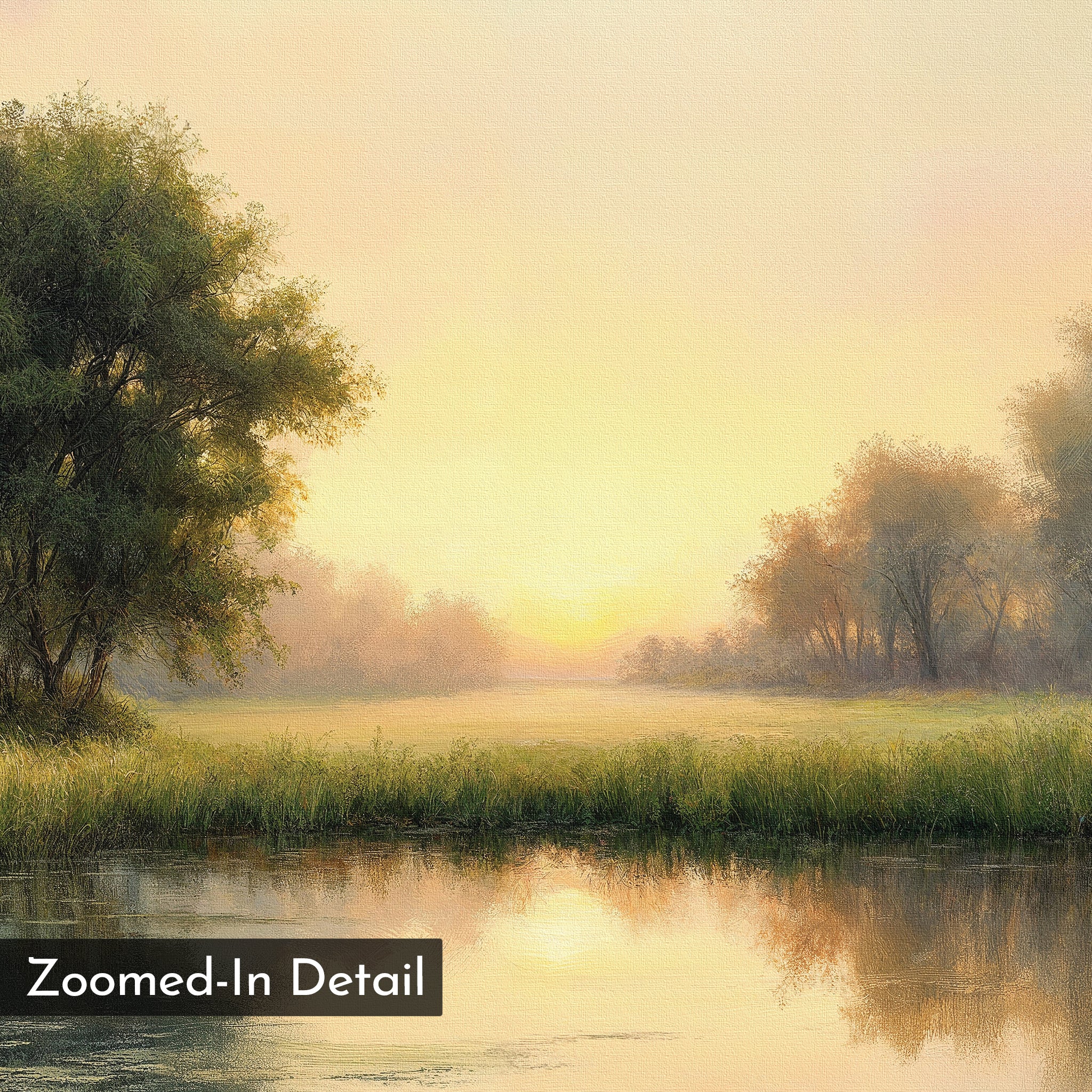 The Journey Canvas Art features a serene countryside scene of a sunlit meadow, tall trees, and soft fog at sunrise, all reflected in a calm river. "Zoomed-In Detail" appears in the lower left corner of this vintage canvas print.