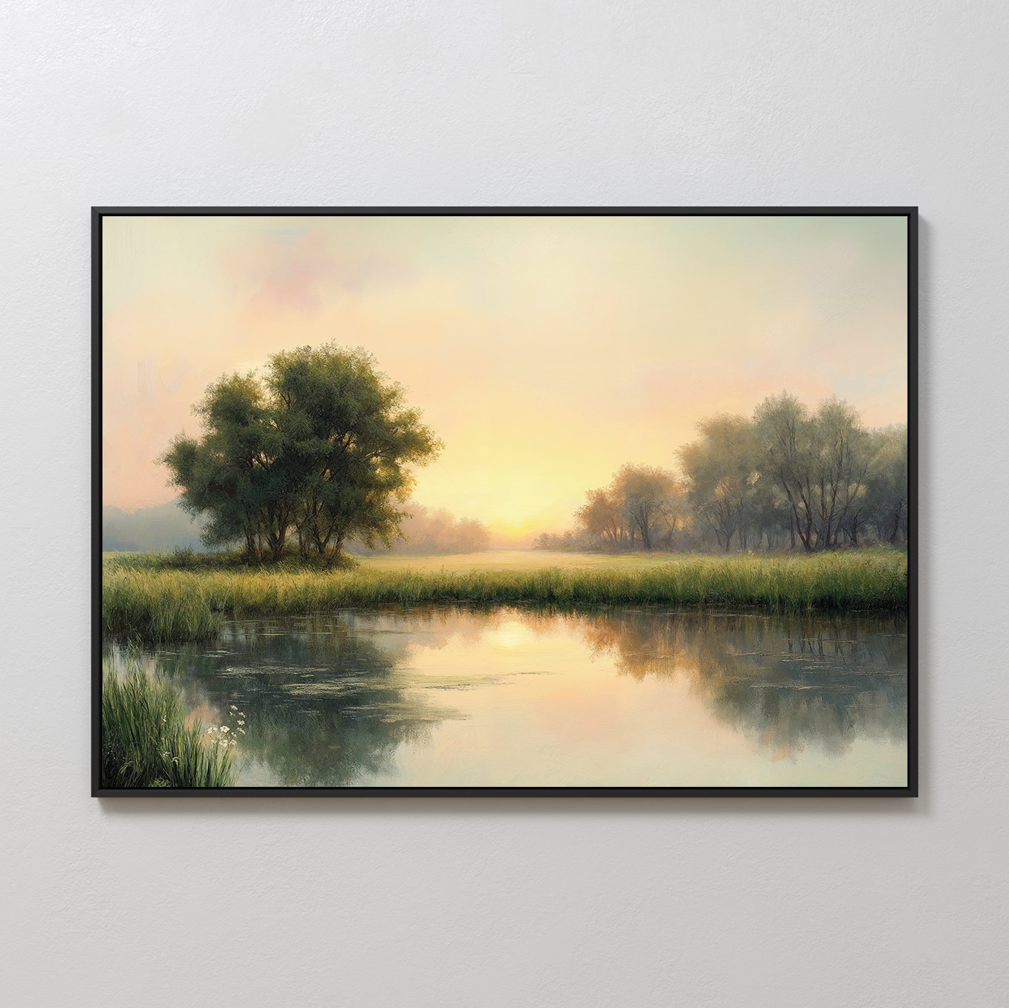The Journey Canvas Art is a framed painting of serene trees and tall grass by a calm river at sunrise, with golden light on the water—ideal rustic wall art to enhance your countryside decor.