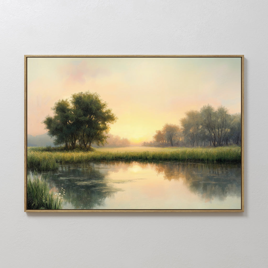 The Journey Canvas Art, featuring a serene landscape with trees by a calm river reflecting golden sunrise light, adds elegant countryside decor to any plain white wall.