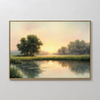 The Journey Canvas Art, featuring a serene landscape with trees by a calm river reflecting golden sunrise light, adds elegant countryside decor to any plain white wall.