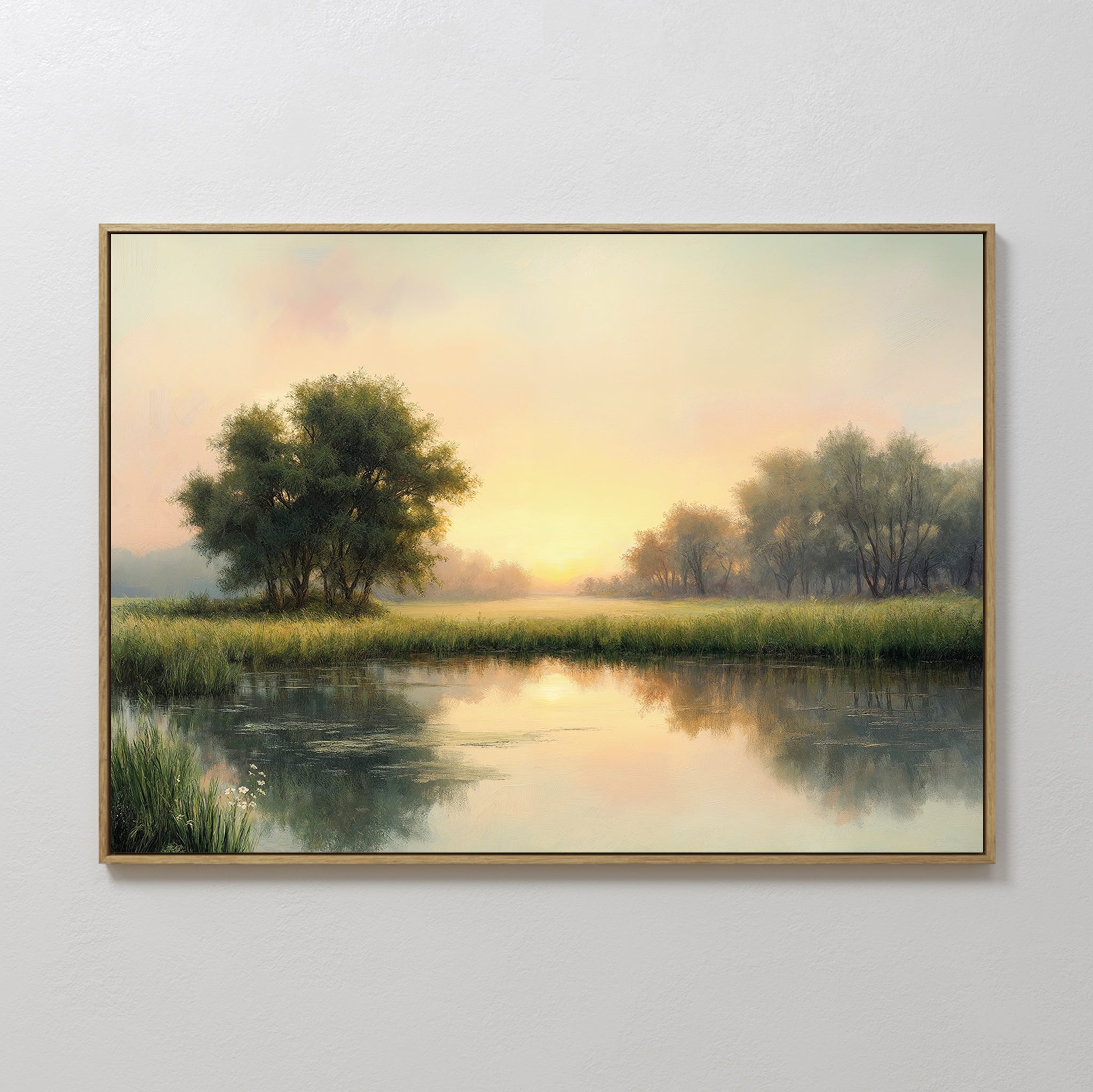 The Journey Canvas Art, featuring a serene landscape with trees by a calm river reflecting golden sunrise light, adds elegant countryside decor to any plain white wall.