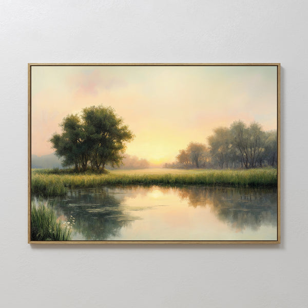 The Journey Canvas Art, featuring a serene landscape with trees by a calm river reflecting golden sunrise light, adds elegant countryside decor to any plain white wall.