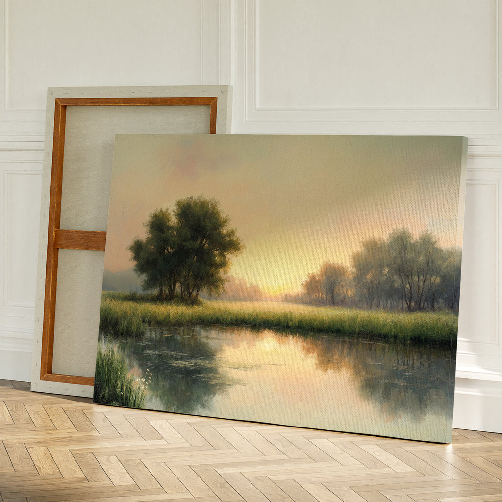 The Journey Canvas Art, featuring a tranquil landscape with trees and a sunset river, leans against a wall beside a blank canvas, bringing charming countryside decor to the wooden floor.