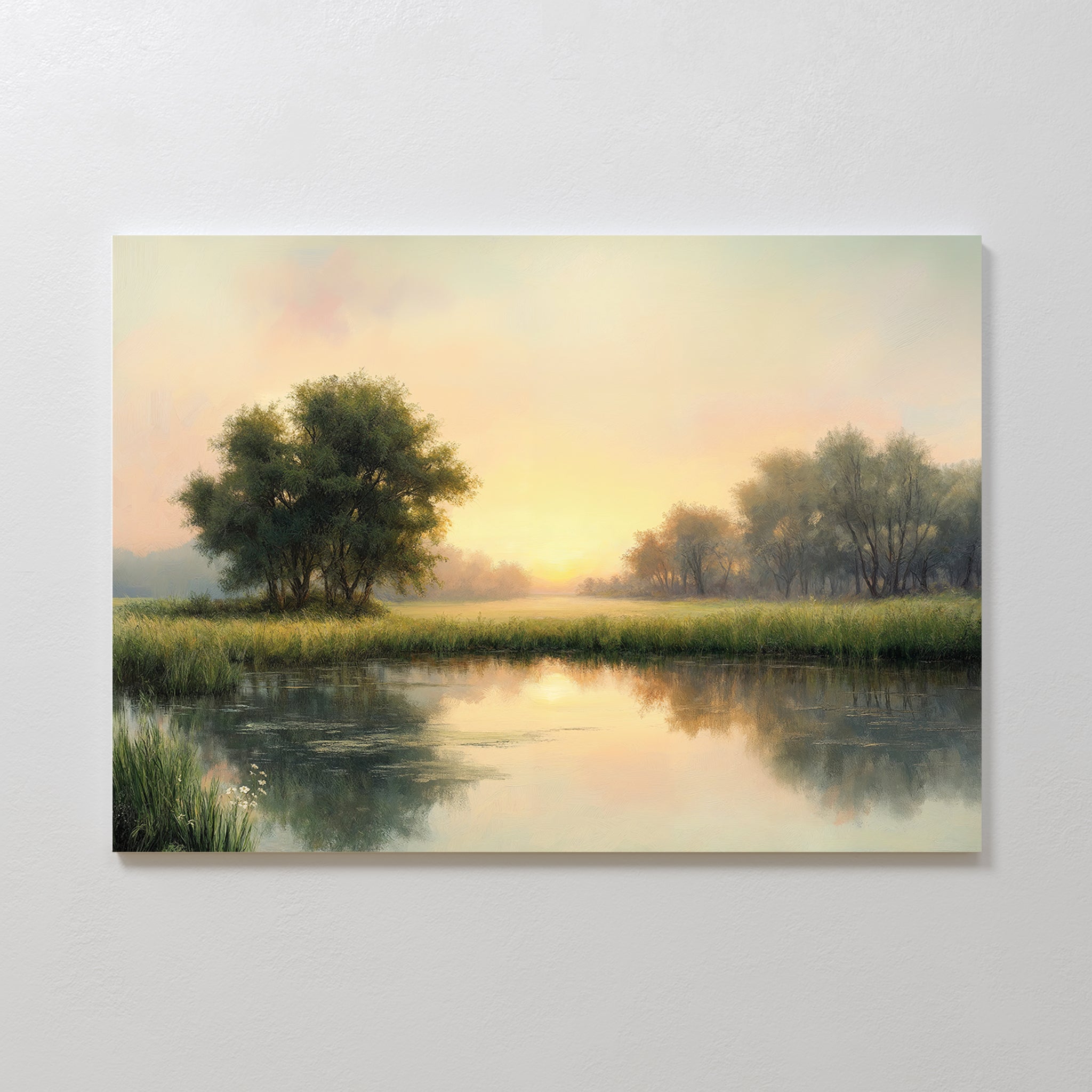 The Journey Canvas Art displays a serene sunrise landscape with trees by a calm river and grassy banks, bringing tranquil countryside charm and peaceful reflections to any plain white wall.