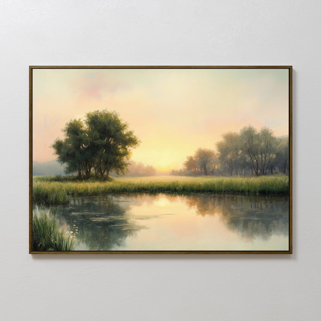 The Journey Canvas Art features a framed rustic landscape with trees, tall grass, and a calm river reflecting soft sunrise or sunset light beneath a pastel sky—a tranquil touch of natural beauty for countryside-inspired decor.