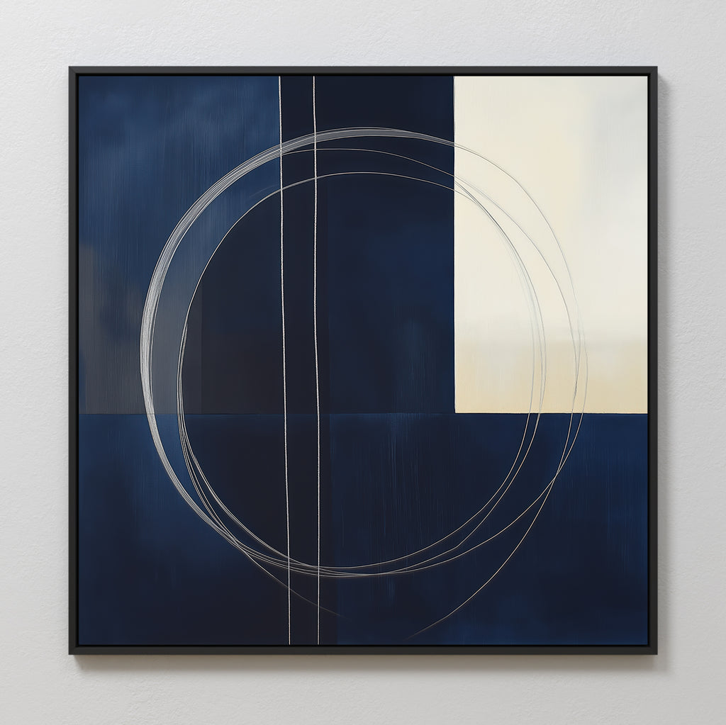The Orbit Canvas Art showcases dark blue and cream geometric blocks with thin white circles and vertical lines, all in a black frame—a perfect minimalist statement for modern home decor.
