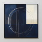 The Orbit Canvas Art showcases dark blue and cream geometric blocks with thin white circles and vertical lines, all in a black frame—a perfect minimalist statement for modern home decor.