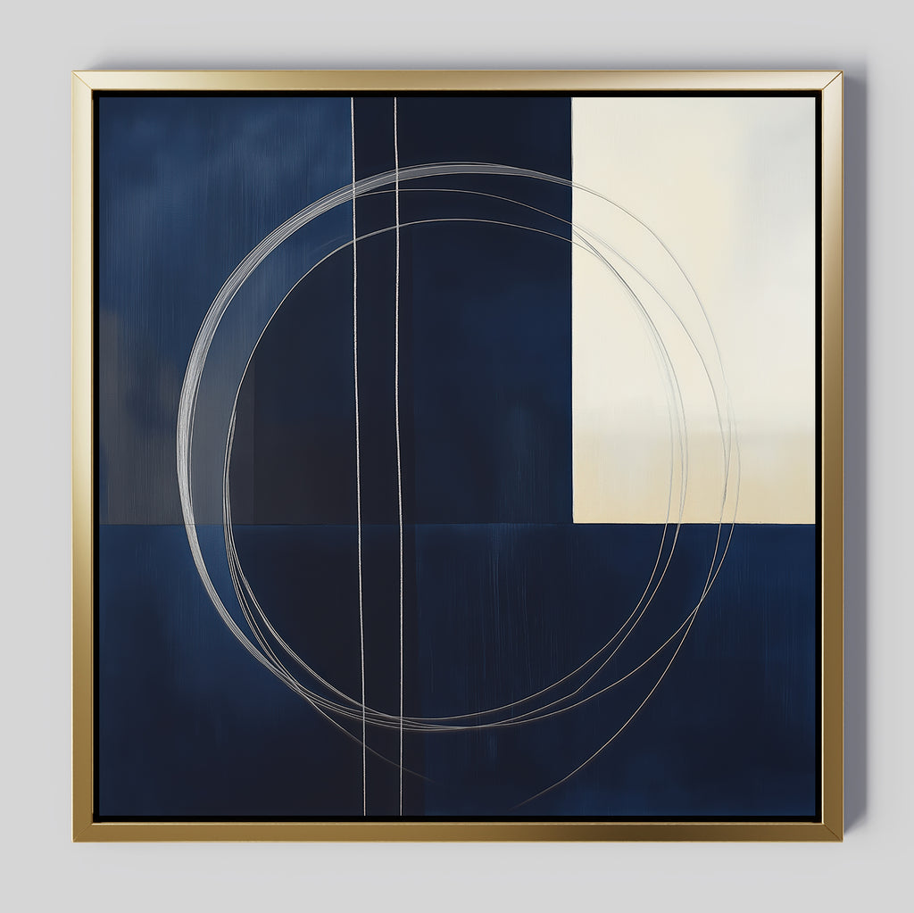 The Orbit Canvas Art features a large white-outlined circle with intersecting lines on navy blue and cream geometric blocks, framed in gold. This minimalist piece adds a modern touch to contemporary home decor.