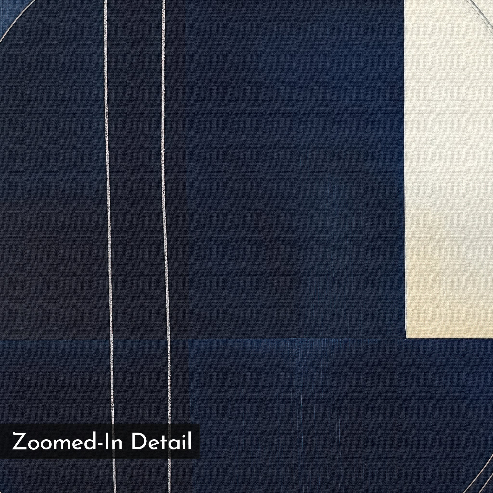 The Orbit Canvas Art showcases dark blue and cream geometric shapes intersected by two white lines, with visible texture and "Zoomed-In Detail" text—ideal minimalist wall decor for contemporary homes.