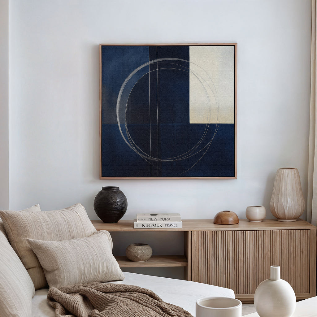 A modern living room features a beige sofa, neutral pillows, a wooden sideboard with vases and books, and The Orbit Canvas Art—an abstract blue and cream circle design—on a white wall. Warm natural light flows in, complementing the stylish decor.