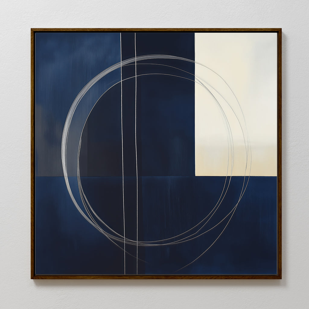 The Orbit Canvas Art features a dark blue background divided into quadrants, with a large thin white circle and a white rectangle in the upper right corner, framed in dark wood—ideal for modern home decor.