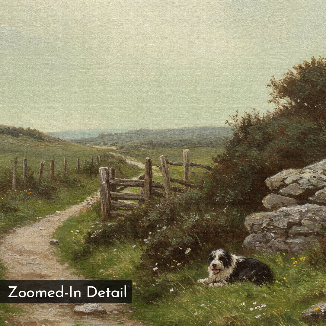 The Watchful Path Canvas Art depicts a country path lined with wildflowers, a wooden gate, and a stone wall—ideal rustic living room decor. A black and white dog rests in the grass, and a Zoomed-In Detail label appears in the corner.