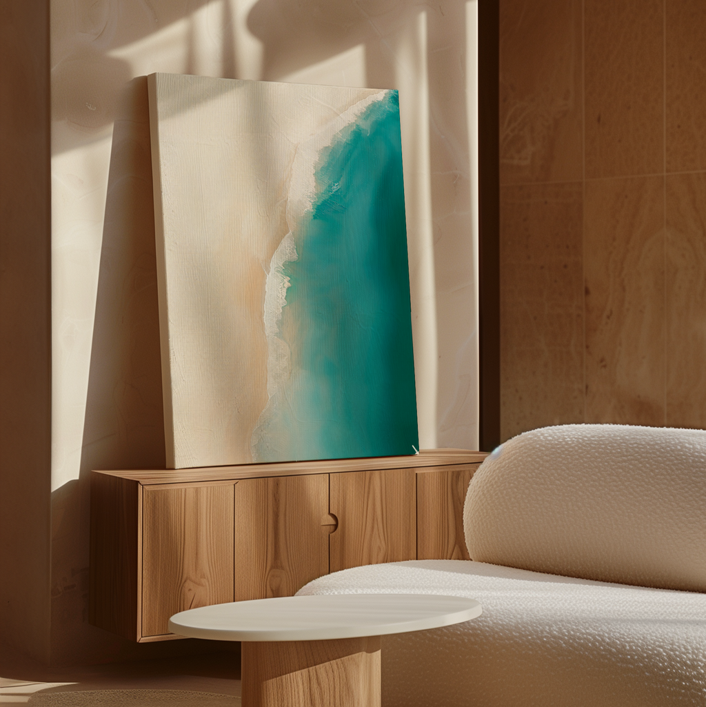 The Beach Abstract Canvas Art, showing an aerial beach scene with turquoise water, leans against the wall on a wooden cabinet beside a round white table and textured white sofa in this sunlit, beige-toned living room.