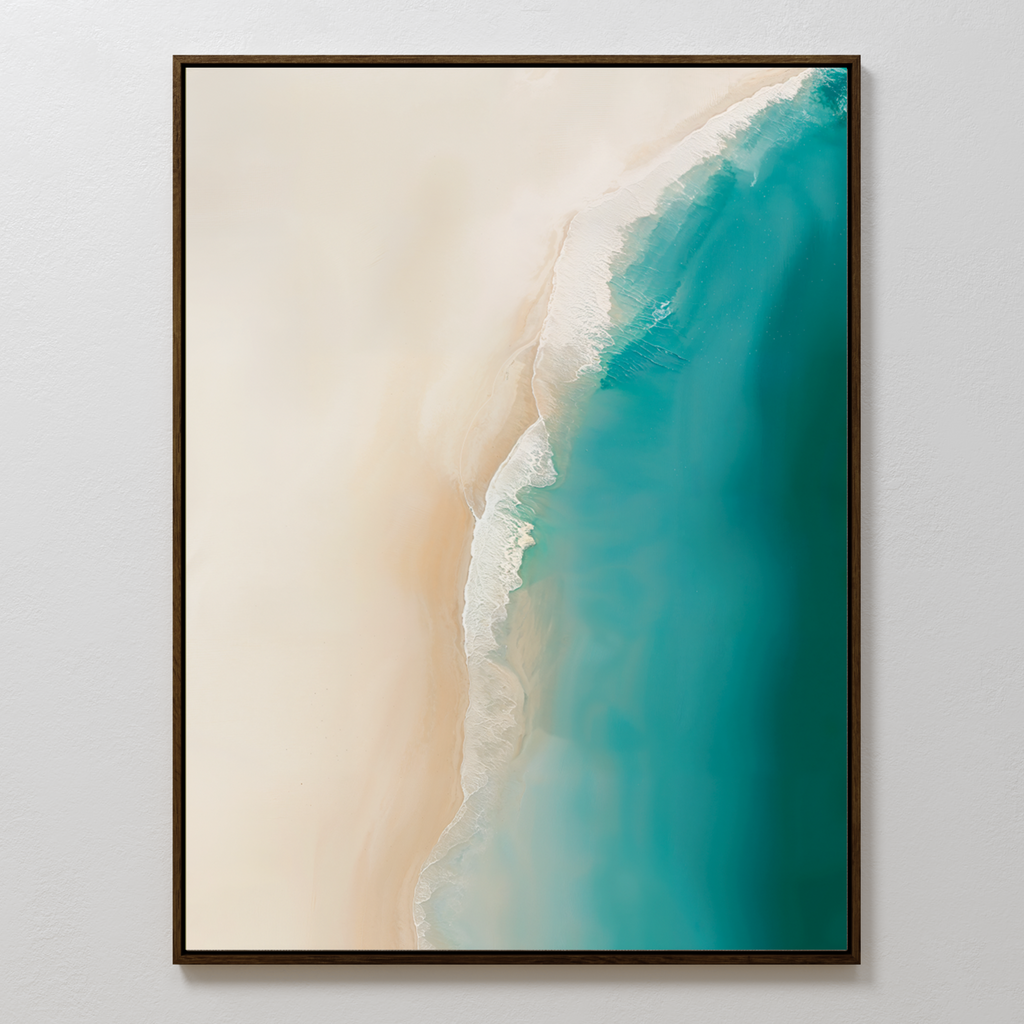 The Beach Abstract Canvas Art features an aerial view of turquoise waves meeting a sandy shore, creating a serene, minimalist seascape that’s perfect as coastal wall art for tranquil living room decor.