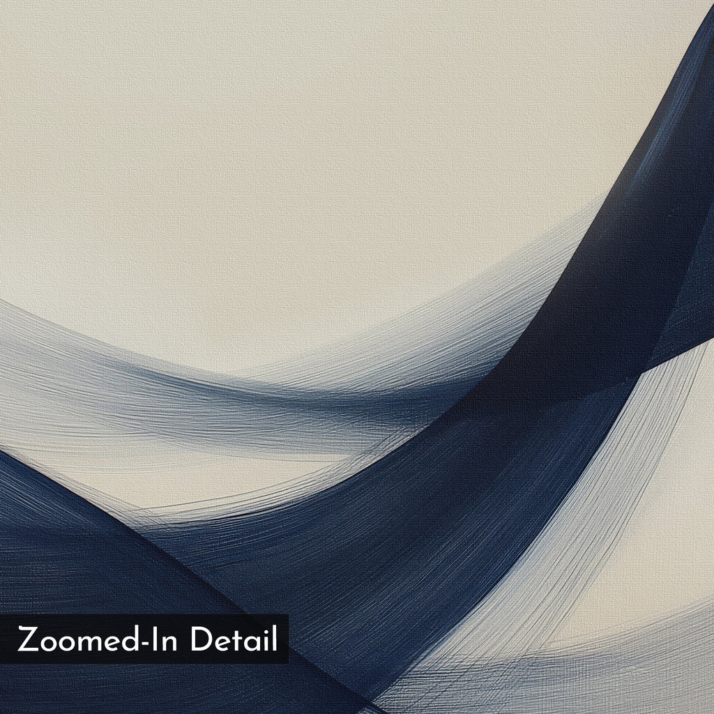 Tidal Flow Canvas Art showcases abstract digital waves in deep blue on a light beige background, with a soft textured look and a “Zoomed-In Detail” label—ideal minimalist wall decor.