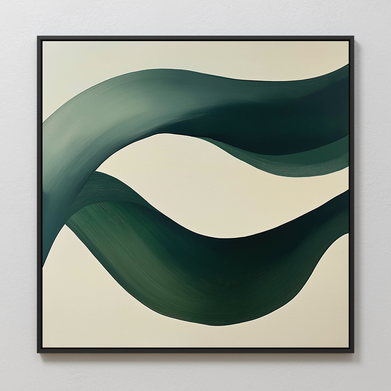 The Tidal Grace Canvas Art features two bold, dark green brushstrokes intertwining over a light beige background—a framed, fluid abstract piece perfect for modern living room decor.