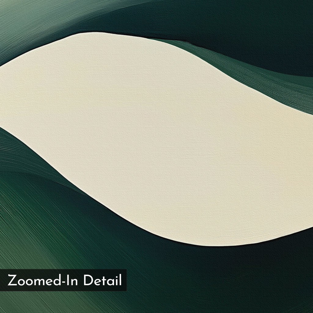 Tidal Grace Canvas Art features abstract digital design with a cream curved shape edged by dark green and teal lines. Painterly textures evoke movement, while “Zoomed-In Detail” in the lower left makes it ideal modern wall décor.