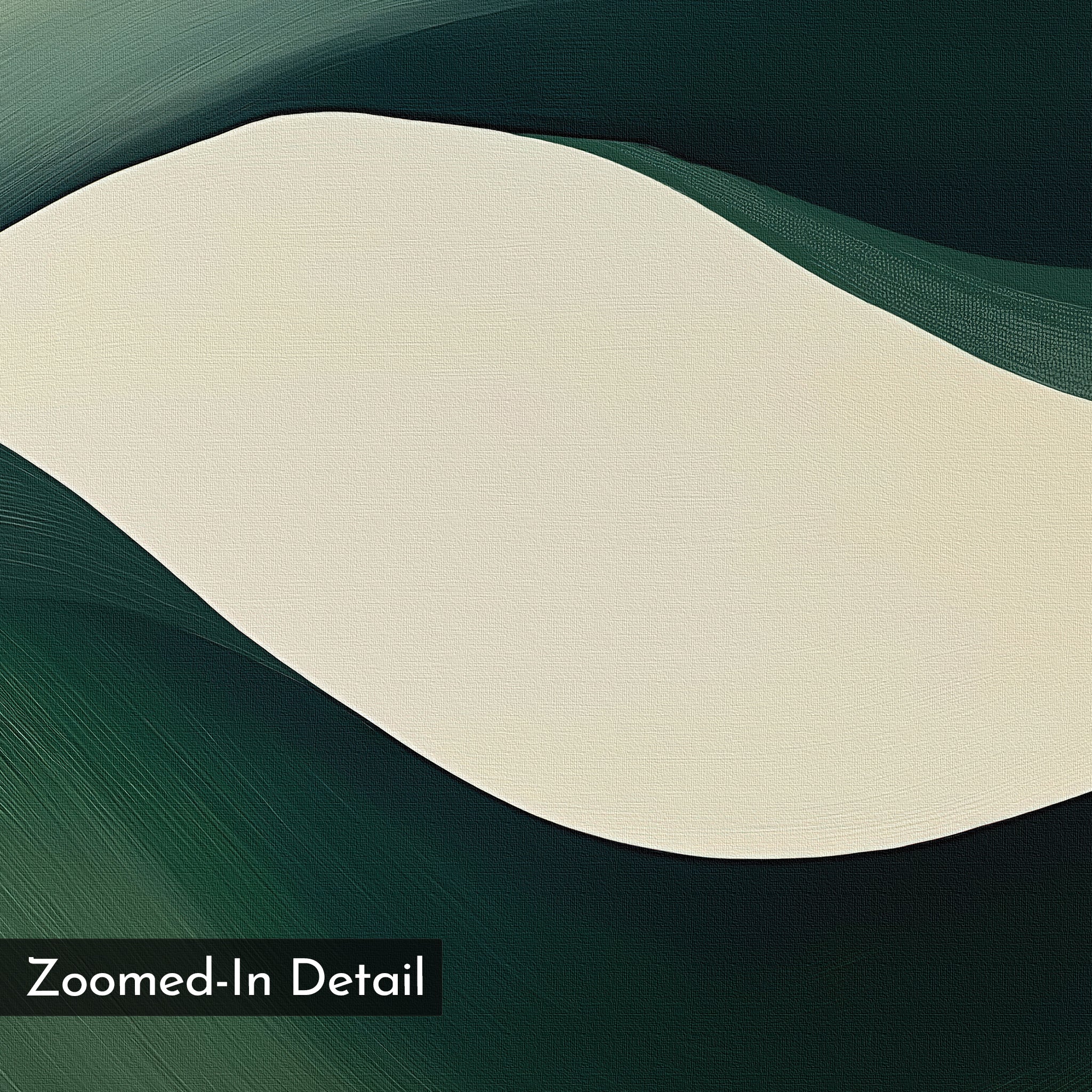 Tidal Grace Canvas Art features abstract digital design with a cream curved shape edged by dark green and teal lines. Painterly textures evoke movement, while “Zoomed-In Detail” in the lower left makes it ideal modern wall décor.
