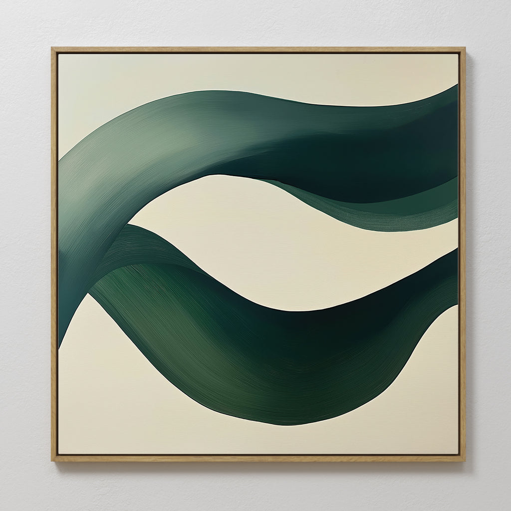 Tidal Grace Canvas Art features two flowing, dark green ribbons on a light beige background. This framed abstract wall art brings movement and contrast—ideal for modern living room décor.