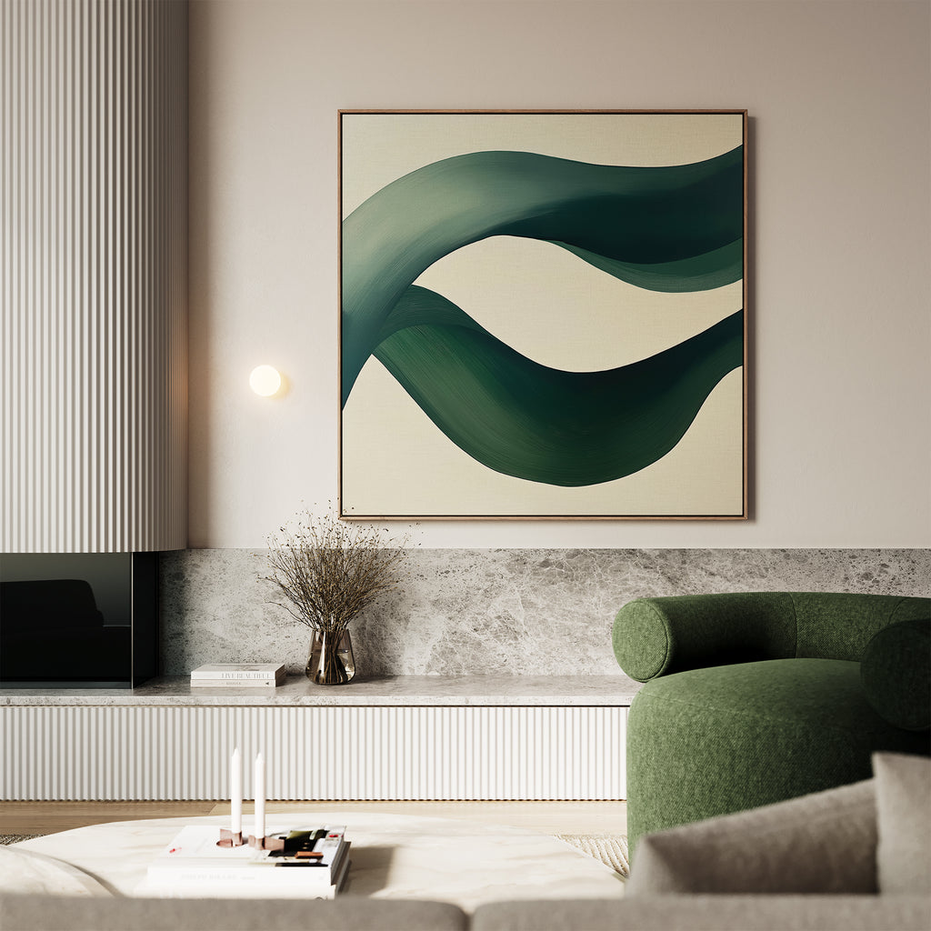 A modern living room features a green curved armchair, a marble and wood console, a vase with dried branches, and the Tidal Grace Canvas Art with fluid green wave-like patterns above—ideal for stylish modern living room decor.