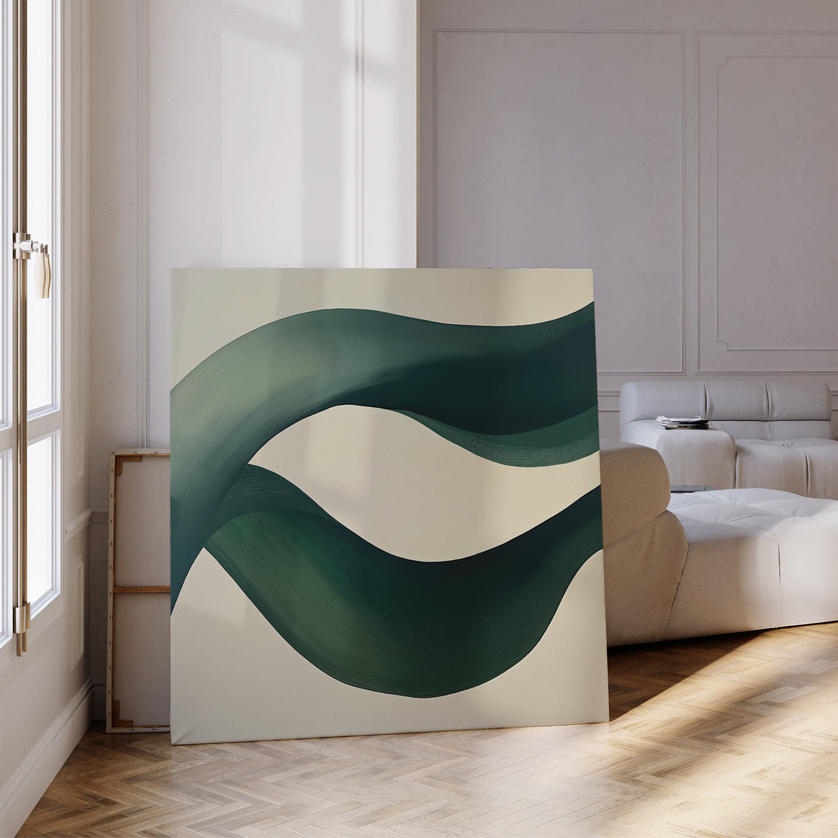The Tidal Grace Canvas Art, with sweeping green and blue curves, is displayed against a wall in a bright modern living room featuring parquet floors and a white sofa.