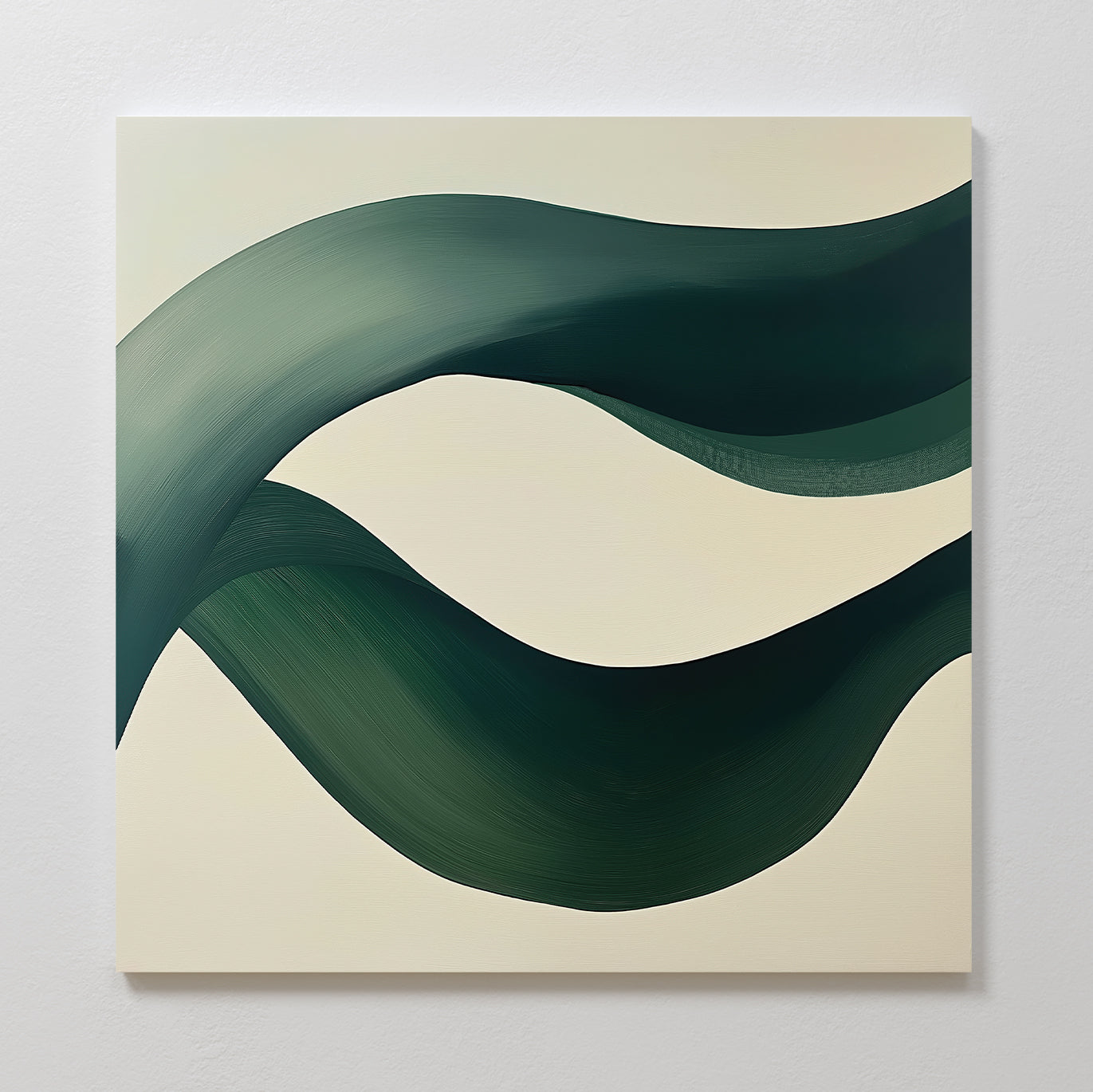Tidal Grace Canvas Art features two bold, dark green wavy brushstrokes crossing diagonally on a light beige background, adding movement and elegance to any modern living room decor.
