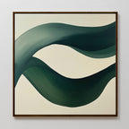 The Tidal Grace Canvas Art features two sweeping green brushstrokes on a creamy off-white background. Framed in thin dark brown, this abstract piece adds minimalist modern style to your living room decor.