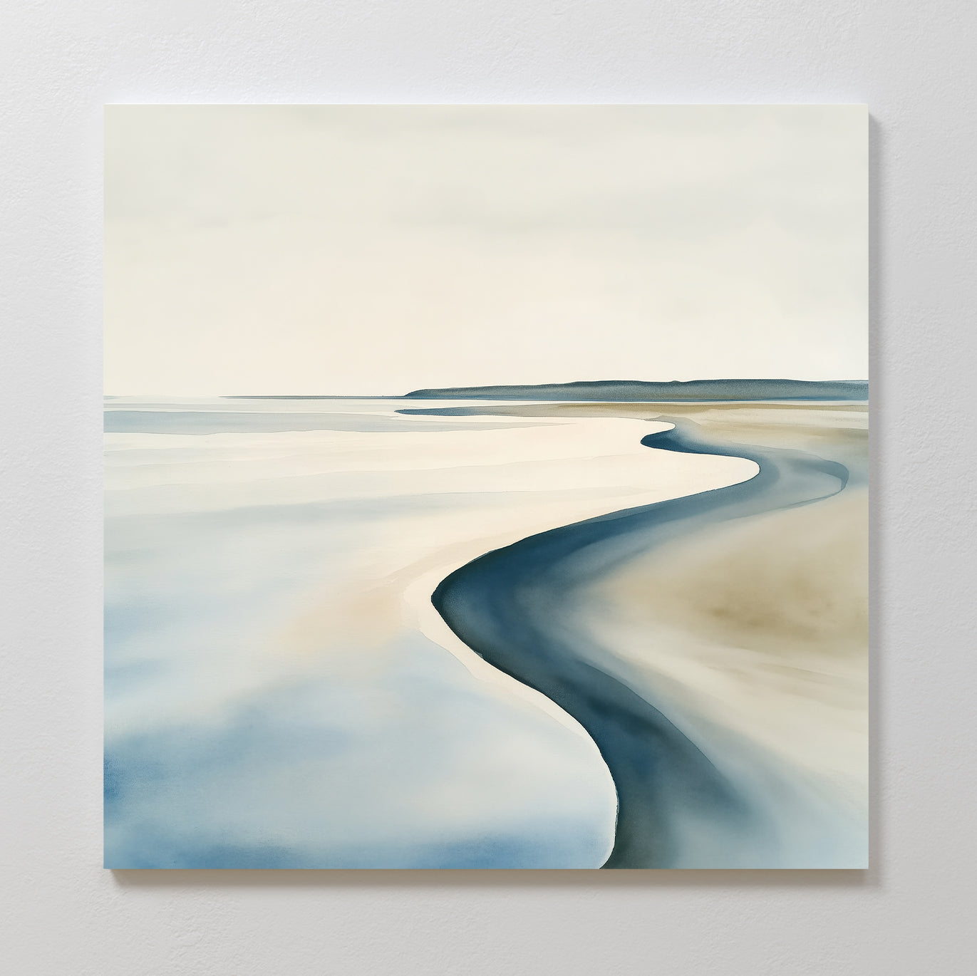 The Serene Coastline Canvas Art showcases a minimalist coastal landscape with a winding shoreline, soft blue water, and sandy beach under a pale sky—ideal coastal wall art to bring a calming touch to modern interiors.