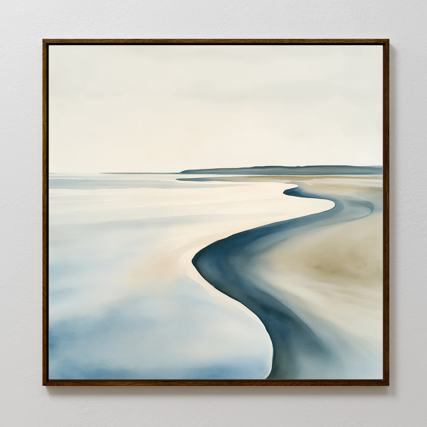Serene Coastline Canvas Art showcases a minimalist coastal landscape with a curving shoreline in soft, muted tones, framed in a simple dark wood frame—perfect as coastal wall art for modern interiors.