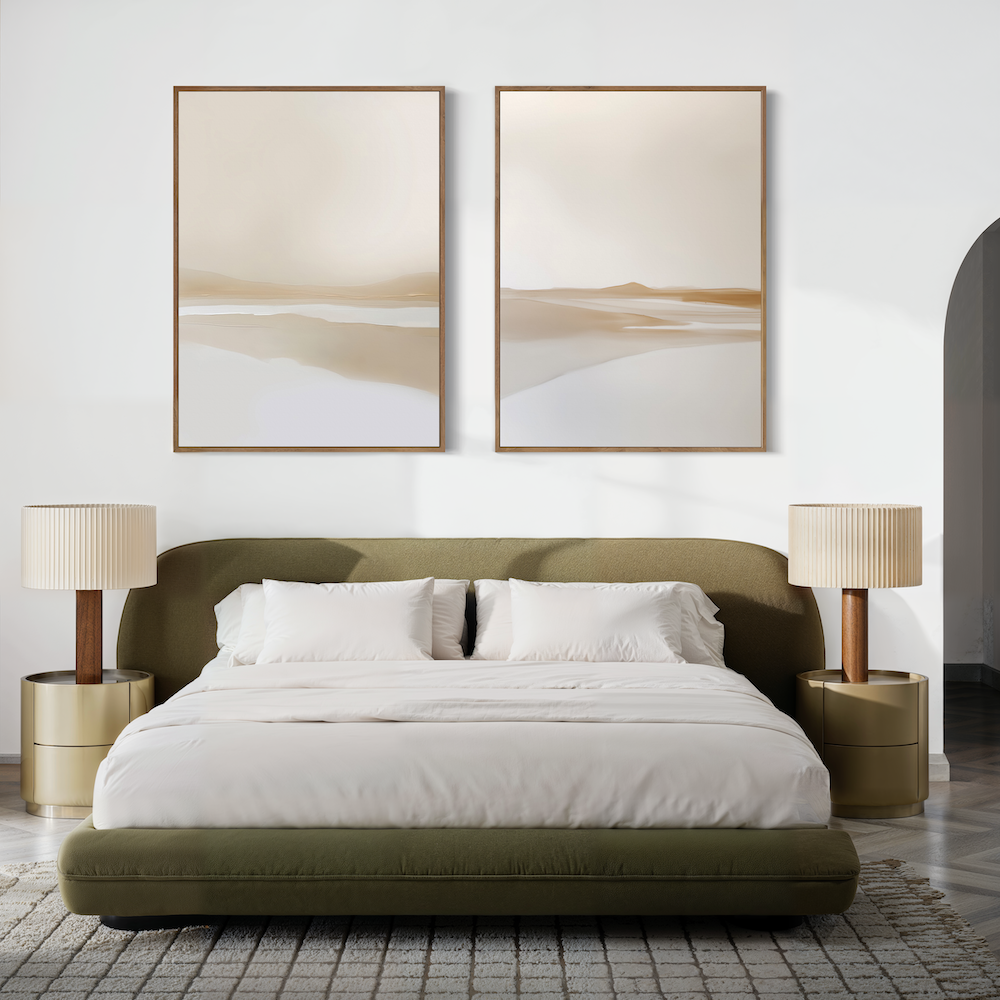 A modern bedroom with a green upholstered bed, white bedding, gold nightstands, textured rug, and the Tranquil Horizons Set of 2 abstract paintings above the bed creates a serene sanctuary—ideal for restful nights and stylish relaxation.