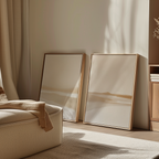 The Tranquil Horizons Set of 2 features minimalist framed artworks with soft, neutral-toned abstract landscapes, perfect for adding a serene touch to any sunlit, cozy space.