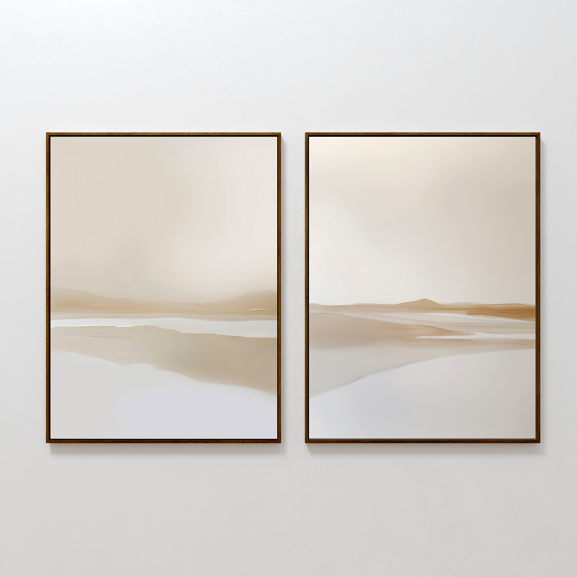 The Tranquil Horizons Set of 2 features framed abstract landscape paintings in soft beige, cream, and tan tones with blurred horizons, creating a calm, serene ambiance on any white wall.