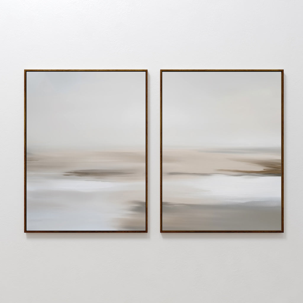 The Tranquil Shifts Set of 2 features framed abstract art with soft beige, white, and gray tones, creating a calm, minimalist landscape—ideal as modern wall decor for your living room when displayed side by side.