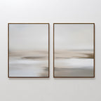 The Tranquil Shifts Set of 2 features framed abstract art with soft beige, white, and gray tones, creating a calm, minimalist landscape—ideal as modern wall decor for your living room when displayed side by side.