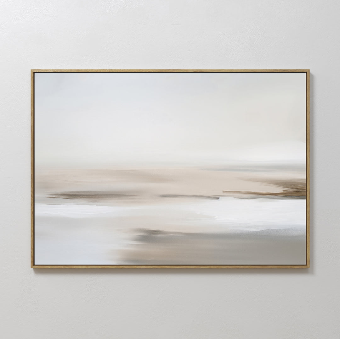 Tranquil Shifts Canvas Art – Horizontal features soft, blurred whites, beiges, and light browns for a calm, minimalist landscape—modern wall art ideal for enhancing living room decor on light walls.
