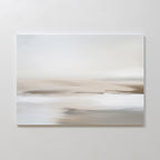 Tranquil Shifts Canvas Art – Horizontal features soft, blurred tones of beige, tan, white, and gray for a serene seascape effect. Ideal minimalist wall art to bring tranquility and elegance to your living room when mounted on a plain white wall.