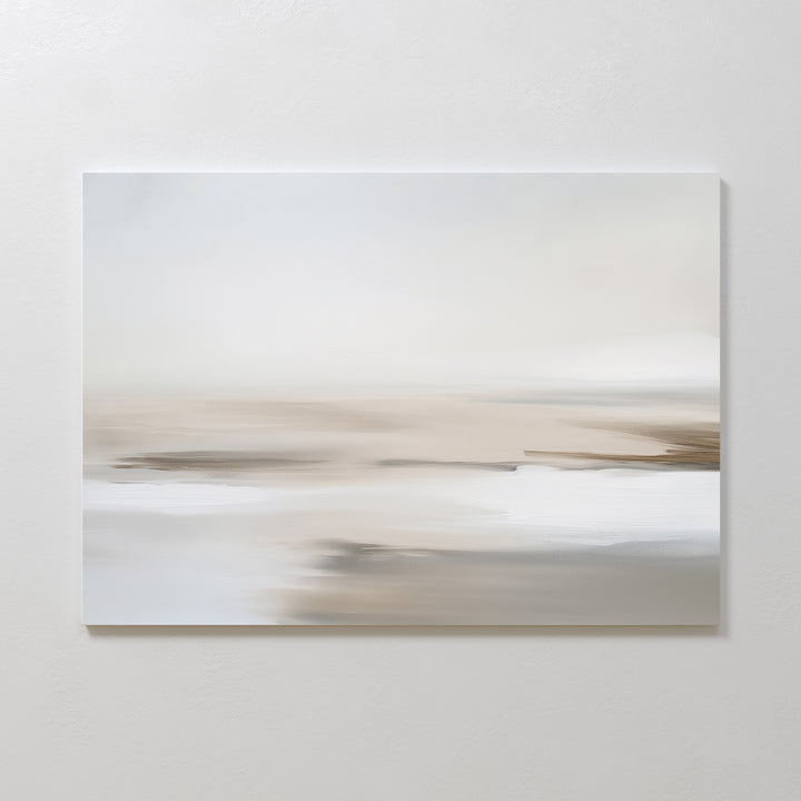 Tranquil Shifts Canvas Art – Horizontal features soft, blurred tones of beige, tan, white, and gray for a serene seascape effect. Ideal minimalist wall art to bring tranquility and elegance to your living room when mounted on a plain white wall.