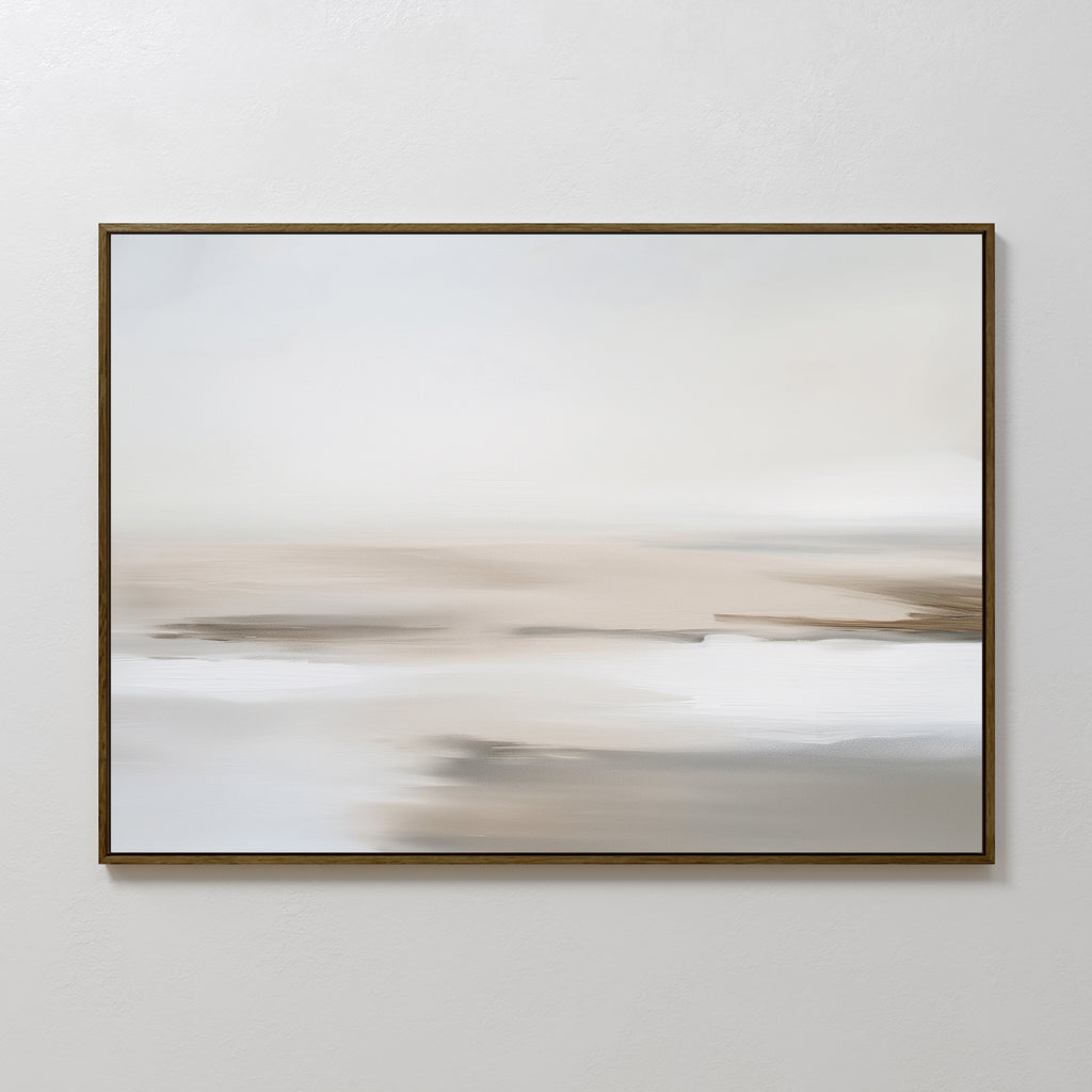 The Tranquil Shifts Canvas Art – Horizontal features soft, blurred strokes in white, beige, and light brown for a calm, minimalist look—perfect modern wall decor for living rooms with a white backdrop.