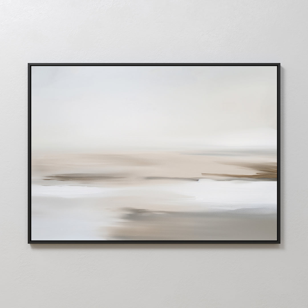 Tranquil Shifts Canvas Art – Horizontal features a serene, minimalist abstract design in soft beige, brown, and white tones. Framed in black, it’s perfect modern wall art for elevating your living room decor on light-colored walls.