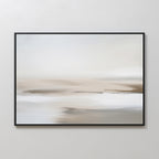 Tranquil Shifts Canvas Art – Horizontal features a serene, minimalist abstract design in soft beige, brown, and white tones. Framed in black, it’s perfect modern wall art for elevating your living room decor on light-colored walls.