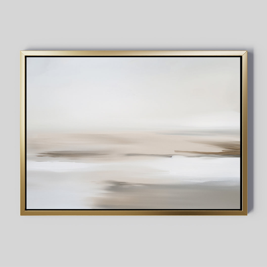 The Tranquil Shifts Canvas Art – Horizontal features soft, blurred neutral tones on a light gray backdrop. Framed in gold, this abstract painting brings a serene minimalist landscape look to any living room decor.