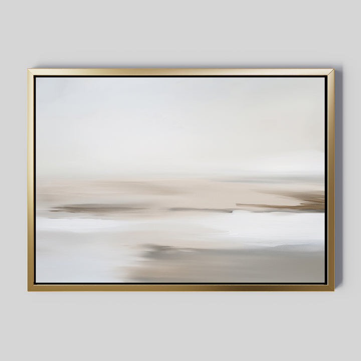 The Tranquil Shifts Canvas Art – Horizontal features soft, blurred neutral tones on a light gray backdrop. Framed in gold, this abstract painting brings a serene minimalist landscape look to any living room decor.