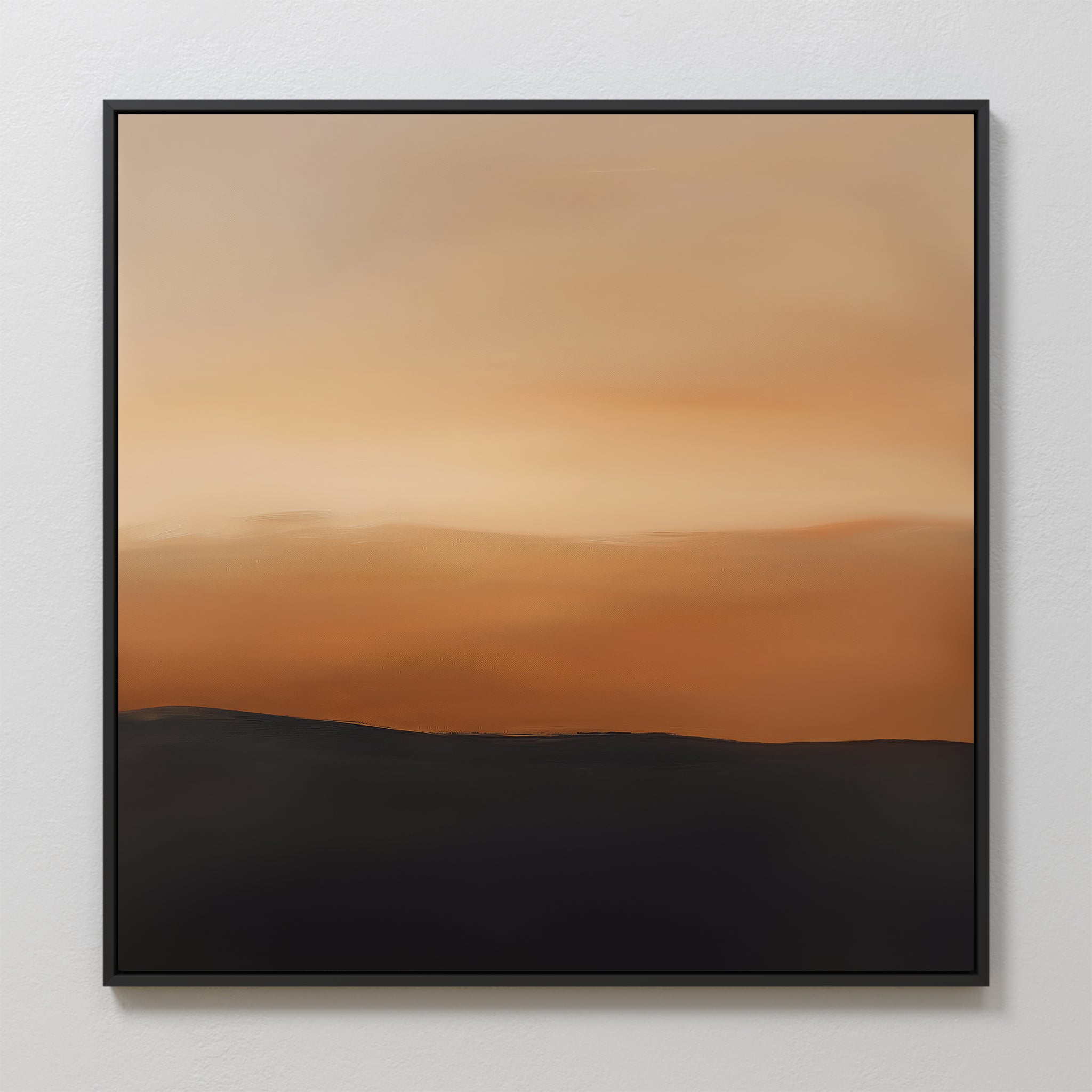 The Tranquil Vista Abstract Canvas Art features a warm orange and beige gradient sky above a dark hill, framed in black—ideal bedroom decor for a serene, modern vibe.