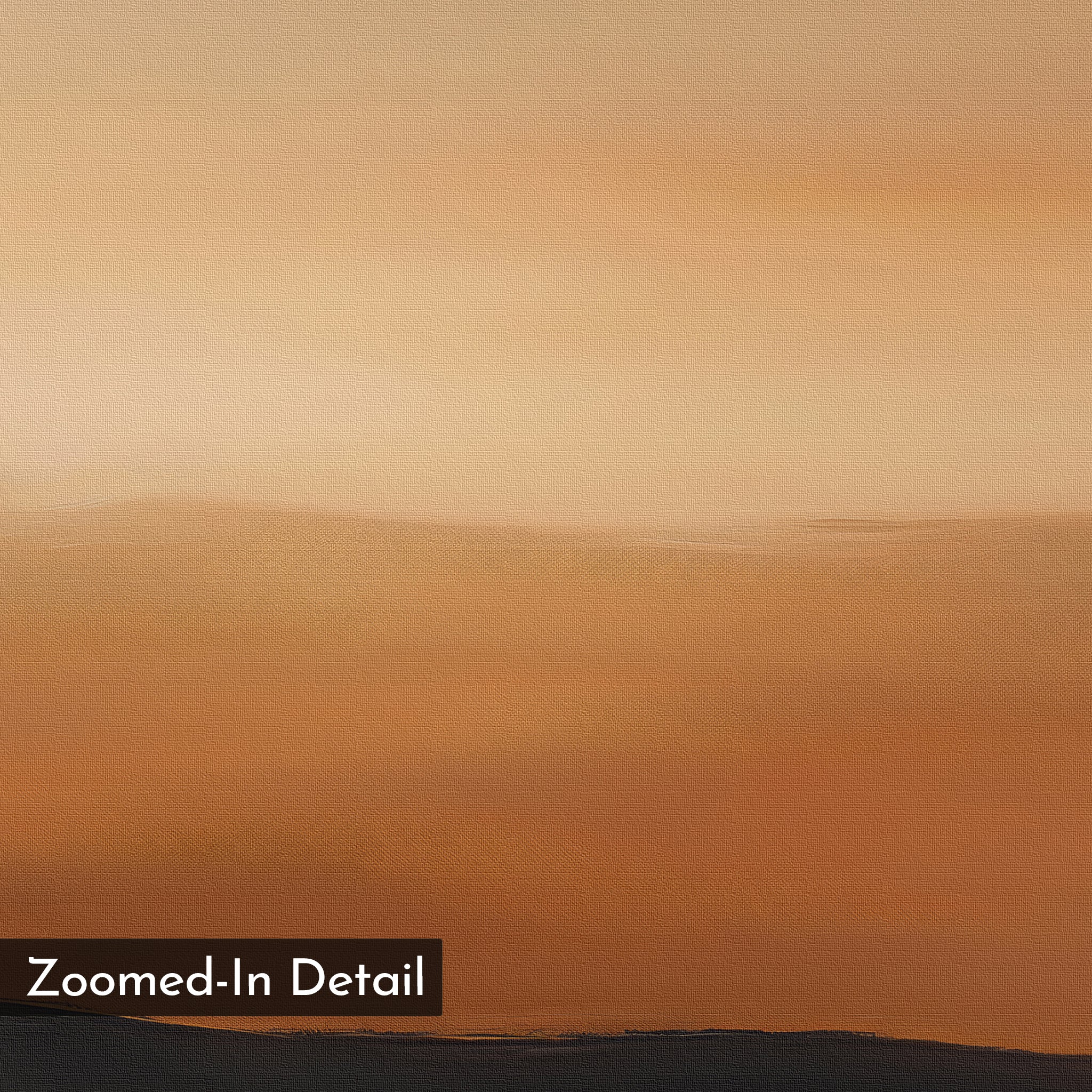 Tranquil Vista Abstract Canvas Art features warm, blended orange and brown shades in a minimalist design. A gentle gradient moves from light to dark with a "Zoomed-In Detail" label—perfect modern wall art for living room decor.